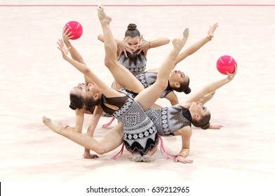 Sofia, Bulgaria - 7 May, 2017: Team Bulgaria Performs During Rhythmic Gymnastics World Cup Sofia 2017. Group Tournament.