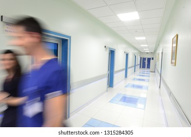 Sofia, Bulgaria - February 1, 2019 :  Doctor And Nurse Walking In A Hospital Corridor