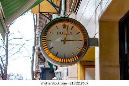 SOFIA, BULGARIA - January 30, 2022: Rolex Clock Outside The Shop