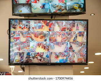 SOFIA, BULGARIA - JULY 19, 2019: CCTV Security Screens Inside A Pharmacy Shop