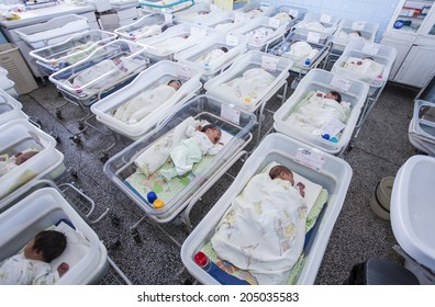 Sofia, Bulgaria, July 7, 2014 : Dozens of babes are seen in a nutrition room at the Univercity Obstetrics and Gynecology Hospital 