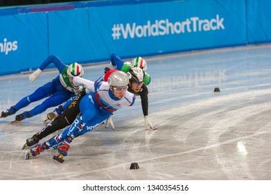 SOFIA, BULGARIA - MARCH 10: Alexander SHULGINOV  (RUS) participate at the Men's short track speed skating from  the World Championships in Sofia, Bulgaria on March 10,2019