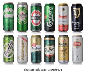 SOFIA, BULGARIA - MAY 01, 2014: Collection Of World Famous Beer Brands, Isolated On White