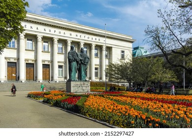 SOFIA, BULGARIA - MAY 1, 2022:  Spring view of National Library Saint Cyril and Saint Methodius in Sofia, Bulgaria