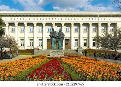 SOFIA, BULGARIA - MAY 1, 2022:  Spring view of National Library Saint Cyril and Saint Methodius in Sofia, Bulgaria