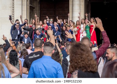 SOFIA, BULGARIA - MAY 24, 2021: High School Graduates Celebrate Their Graduation In Sofia Downtown.