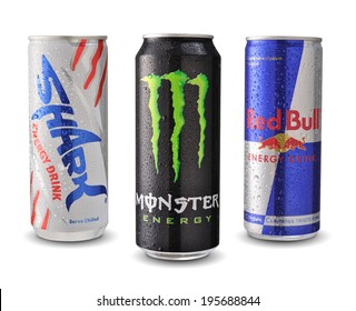 SOFIA, BULGARIA - MAY 28, 2014: Photo of Shark, Red Bull and Monster energy drink cans isolated on white background