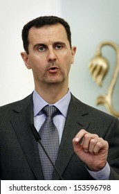 SOFIA, BULGARIA - NOVEMBER 9:  Syrian President Bashar al-Assad speaks at a news-conference in Bulgaria's Presidents' office during his one-day official visit in Sofia, Bulgaria on November 9, 2010.