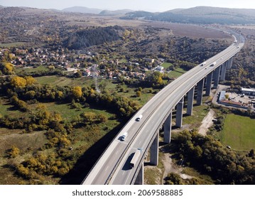 Sofia Bulgaria October 2021. View made with a drone over the Hemus highway near the Eleshnitsa viaduct.