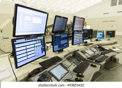 Sofia, Bulgaria - September 12, 2016: Bullgaria's Air Traffic Services Authority Control Center Room. No People. Computer Monitors.