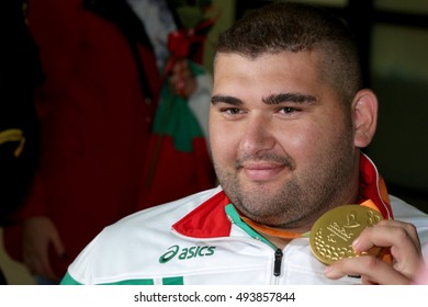 Sofia, Bulgaria - September 22, 2016: Bulgarian Paralympian Track And Field Athlete Ruzhdi Ruzhdi Is Comming With Gold Medal From 2016 Summer Paralympics At Sofia's Airport.