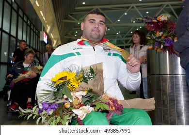 Sofia, Bulgaria - September 22, 2016: Bulgarian Paralympian Track And Field Athlete Ruzhdi Ruzhdi Is Comming With Gold Medal From 2016 Summer Paralympics At Sofia's Airport.