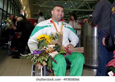 Sofia, Bulgaria - September 22, 2016: Bulgarian Paralympian Track And Field Athlete Ruzhdi Ruzhdi Is Comming With Gold Medal From 2016 Summer Paralympics At Sofia's Airport.