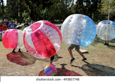 Sofia, Bulgaria - September 24, 2016: Boys are playing bubble football game in the park.