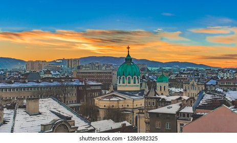 Sofia Bulgaria Sunset Over Temple St. St. Cyril And Methodius In Winter Against The Backdrop Of Vitosha Mountain