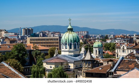 Sofia Bulgaria Temple St. St. Cyril And Methodius Against The Backdrop Of Vitosha Mountain In Sofia. Bulgaria