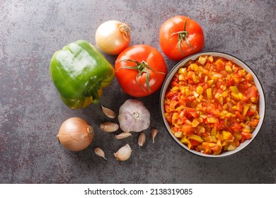 Sofrito Base Sauce From Fresh Vegetables Close-up In A Bowl On The Table. Horizontal Top View From Above
