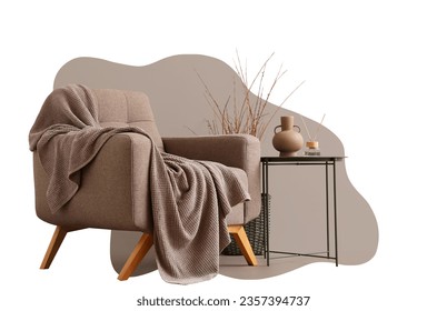 Soft armchair with warm plaid and table on white background - Shutterstock ID 2357394737