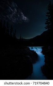 Soft Athabasca Falls At Night In Jasper National Park In Alberta, Canada.