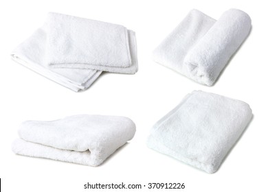 Soft Bath Towel Folded On White Isolated Background. Collage