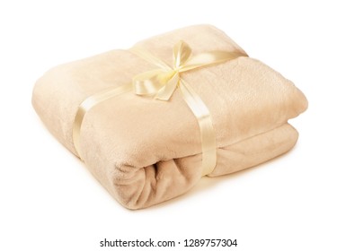 Soft Beige Fleece Blanket Gift, Folded Isolated On A White Background