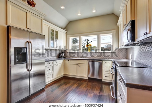 Soft Beige Kitchen Cabinets Builtin Stainless Stock Photo Edit