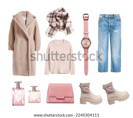 Soft beige women clothes collage isolated on white.Fashion female garment set.Colection of clothing. Teddy coat. Trendy wear.
