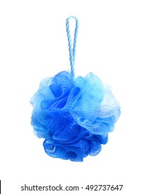 Soft blue bath puff or sponge isolated on white background with copy space. 