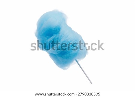 Soft blue cotton candy angled on a clean white studio background for travel and lifestyle stock imagery.