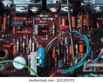 The Soft Blurred Of The Old Car Stereo Power Amplifier,Circuit Electronic Board,Transformers Amplifier,Electronic Equipment. Microcircuit From A Modem To Connect To The Internet.