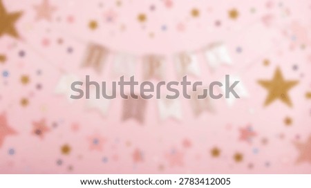 A soft, blurred pink background adorned with gold stars and a decorative banner, perfect for celebratory events and festive occasions. Ideal for invitations, announcements, and holiday designs.