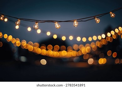 Soft, bokeh-filled string lights create a magical ambiance against a twilight sky, perfect for events or cozy evenings.