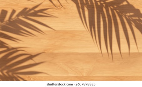 soft brown table top view with high resolution texture and palm leaf shadow, summer table background with empty space for text or design, bright cozy soft table background, seamless wood texture
