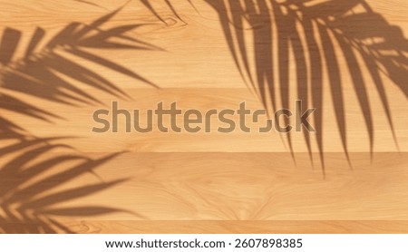 soft brown table top view with high resolution texture and palm leaf shadow, summer table background with empty space for text or design, bright cozy soft table background, seamless wood texture