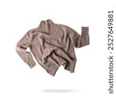 Soft casual taupe  sweater of luxury natural cashmere wool flying isolated on white background. Autumn and winter pure wool clothing. Knit apparel fashion.