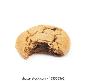 Soft Chewy Chocolate Chip Cookie With A Single Bite Taken Of It, Composition Isolated Over The White Background