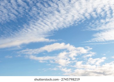 Soft clouds drift across clear blue sky. Wisp-like formations float gently above. Sky's serene beauty invites calm contemplation. Light diffuses through wispy cloud layers
