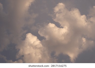 Soft clouds drift across dusky sky. Warm golden light highlights fluffy white shapes. Mood feels peaceful and dreamy. Perfect for backgrounds or atmospheric scenes