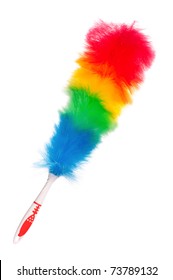 Soft colorful duster with plastic handle isolated on white background