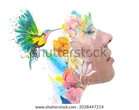 Soft and colorful paintography portrait of a young lady combined with a painting of a hummingbird