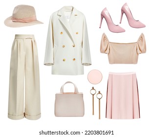 Soft colors female clothing collage.Women's apparel fashion clothes set isolated on white.Girl's pink beige garment. - Shutterstock ID 2203801691