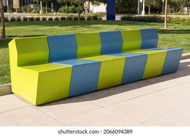 Soft Comfortable Seats In Nice Blue And Green Colors. Public Space, City Park.