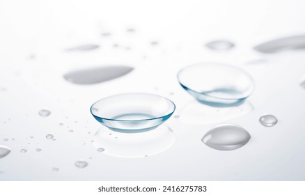 Soft contact lenses placed on a white background with water droplets. Image of a contact lens. - Powered by Shutterstock