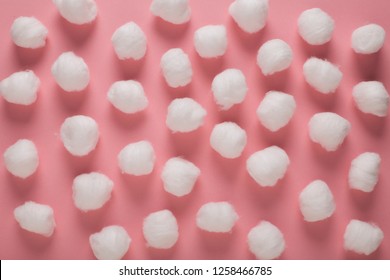 Soft Cotton Wool Balls On Pink Background, Geometric Pattern With Soft Cotton Swabs