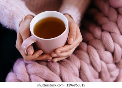 Soft cozy photo of woman in warm pink sweater holding cup of hot tea. Giant, large warm merino wool plaid blanket. Fall or winter time concept. The girl in a soft knitted sweater drinking tea 