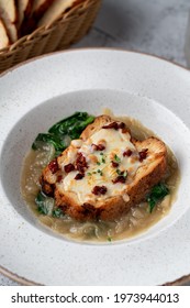 Soft Croque Monsieur With Onion, Cheese And Spinach, Expensive Fancy Restaurant Menu