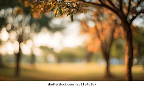 A soft, dreamy view of a park at sunset with blurred trees and golden light filtering through the leaves.