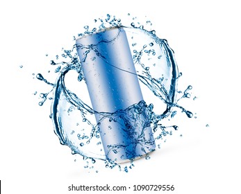 Soft Drink Can With Water Splash On White Background