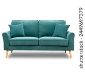 soft empty blue double-seat sofa stands on a white isolated background, comfortable fabric couch is alone against the background of a white wall