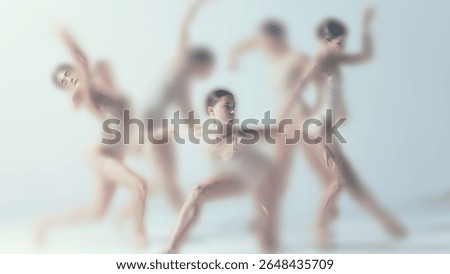 Soft faded dance composition featuring group of ballet dancers in coordinated yet individually expressive poses. Sculptural, serene atmosphere focused on rhythm, physical balance, and collective form.
